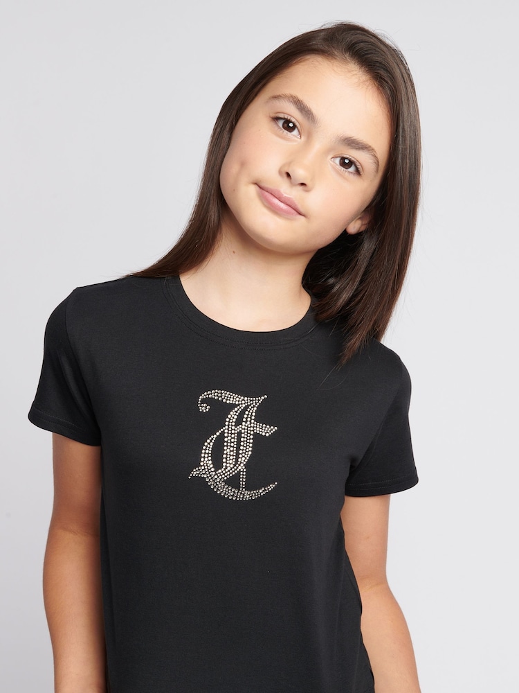 Juicy Couture Black Girls Tonal Diamante Fitted 100% Cotton T-Shirt - Image 2 of 7
