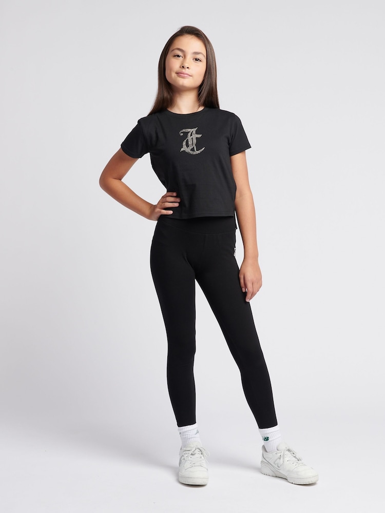 Juicy Couture Black Girls Tonal Diamante Fitted 100% Cotton T-Shirt - Image 4 of 7