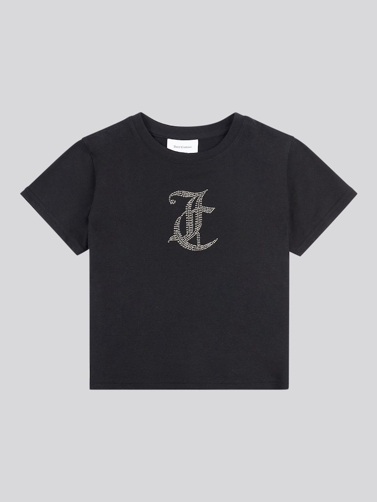 Juicy Couture Black Girls Tonal Diamante Fitted 100% Cotton T-Shirt - Image 5 of 7