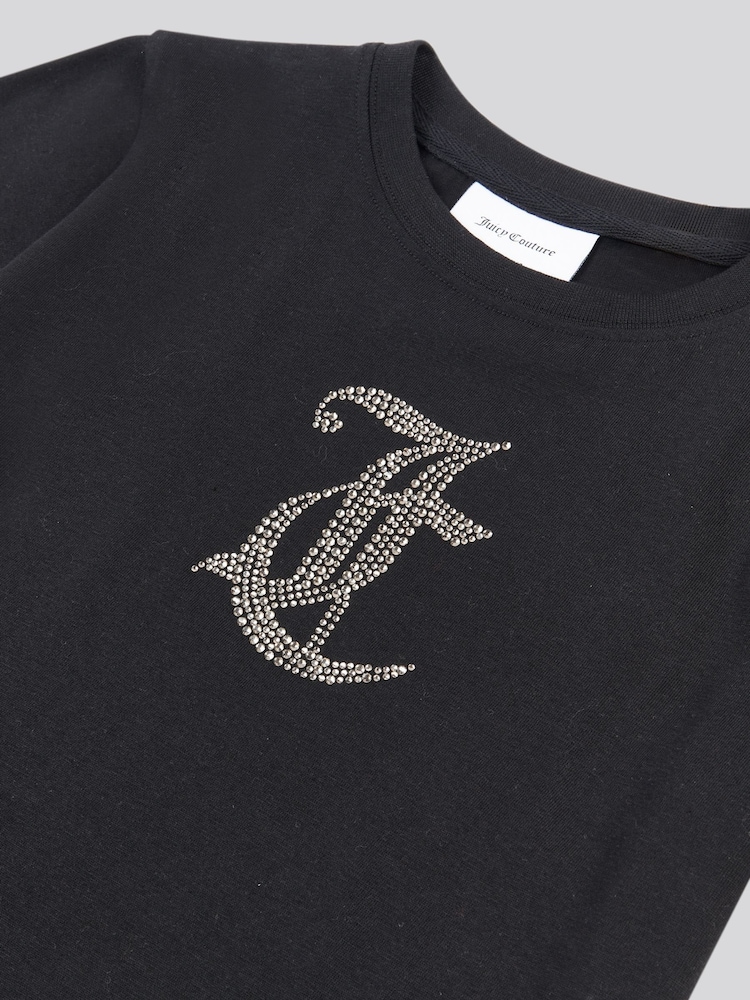 Juicy Couture Black Girls Tonal Diamante Fitted 100% Cotton T-Shirt - Image 7 of 7