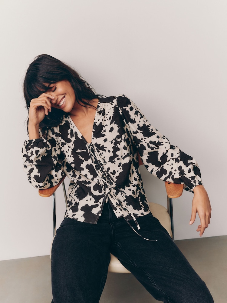 Cow Print Tie Front Long Sleeve Blouse - Image 1 of 4