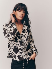 Cow Print Tie Front Long Sleeve Blouse - Image 4 of 4