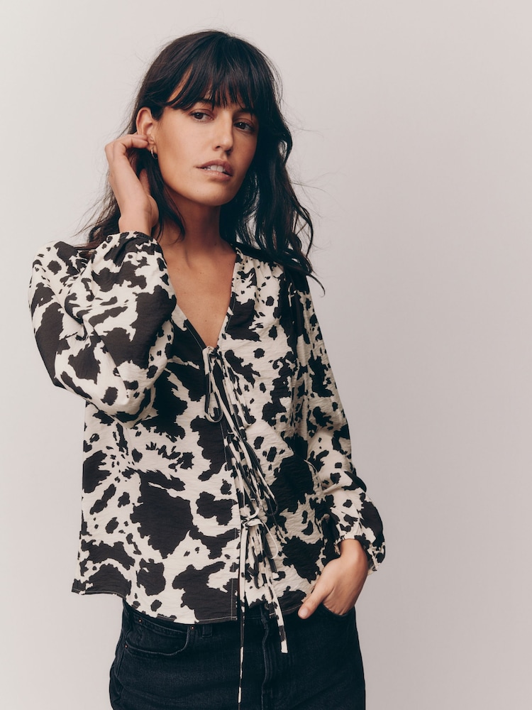 Cow Print Tie Front Long Sleeve Blouse - Image 4 of 4
