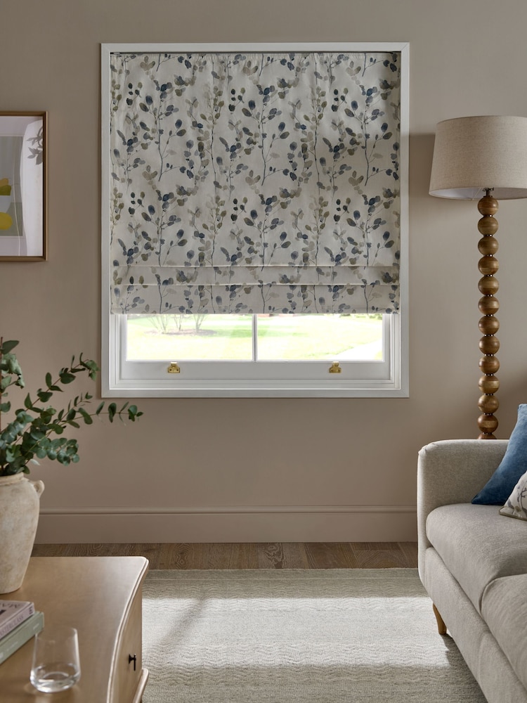 Natural/Blue Ready Made Blackout Roman Floral Print Honesty Leaf Blind - Image 2 of 7