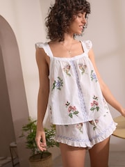 White 100% Cotton Ruffle Embroidered Short Set Pyjamas - Image 3 of 6
