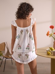 White 100% Cotton Ruffle Embroidered Short Set Pyjamas - Image 4 of 6