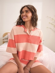 Coral Stripe 100% Cotton Textured Short Set Pyjamas - Image 5 of 8