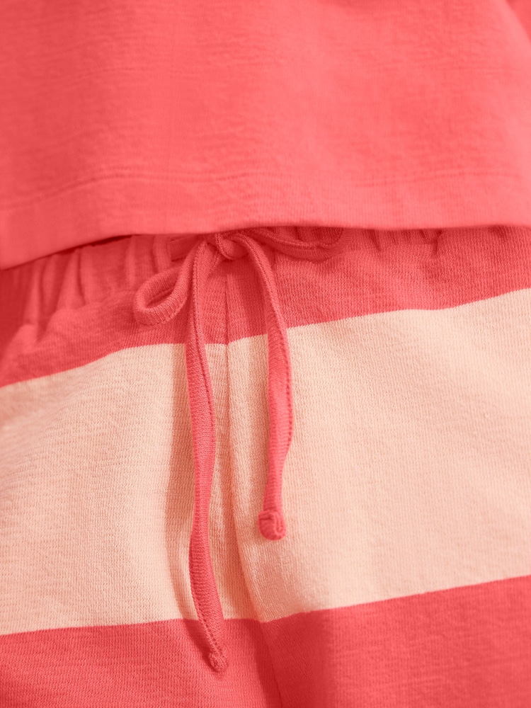 Coral Stripe 100% Cotton Textured Short Set Pyjamas - Image 5 of 8
