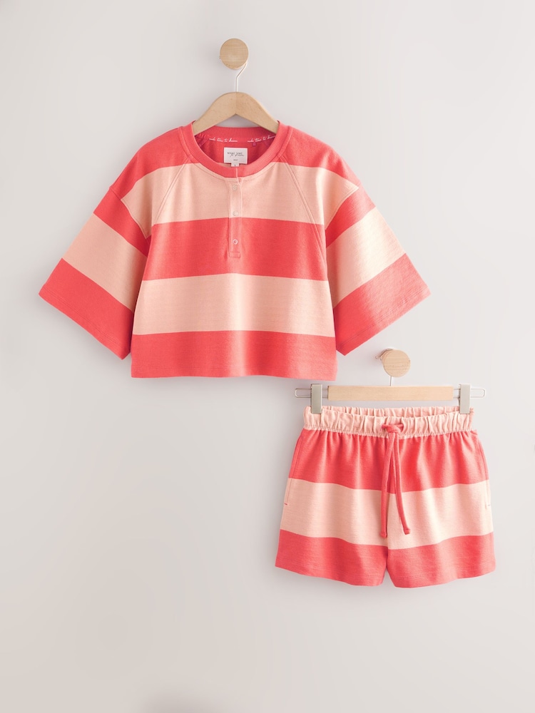 Coral Stripe 100% Cotton Textured Short Set Pyjamas - Image 6 of 8