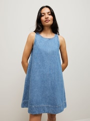 Mid Blue 100% Cotton Denim Racer Mini Dress - Image 1 of 8
