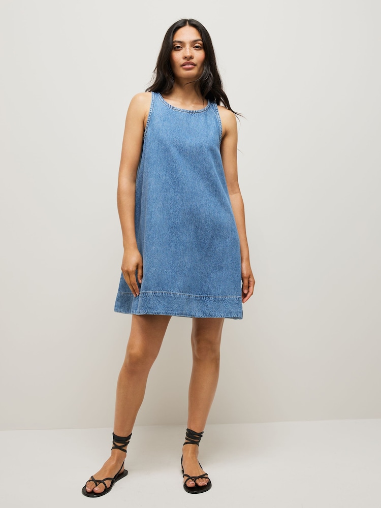 Mid Blue 100% Cotton Denim Racer Mini Dress - Image 2 of 8