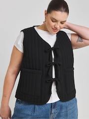 Simply Be Black 100% Cotton Bow Tie front Quilted Gilet - Image 1 of 4