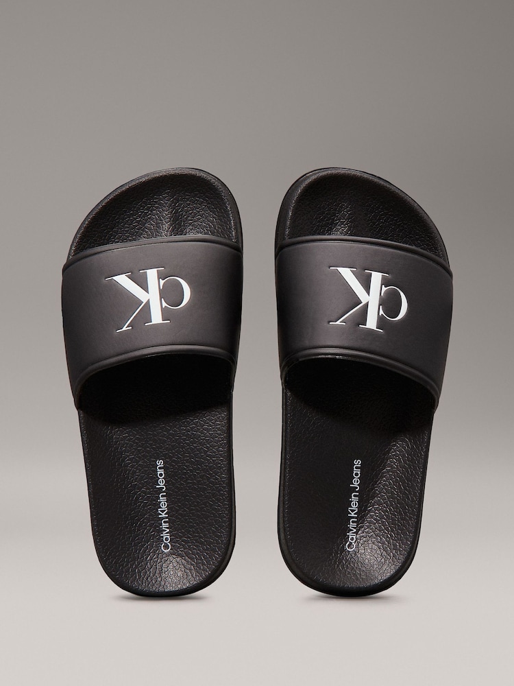 Calvin Klein Black Logo Print Pool Slides - Image 2 of 3