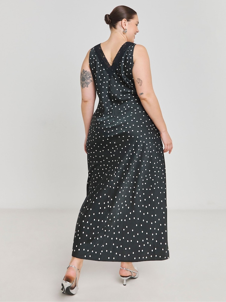 Simply Be Black Spot Print Lace Trim Slip Dress - Image 2 of 4 Simply Be Black Spot Print Lace Trim Slip Dress - Image 2 of 4