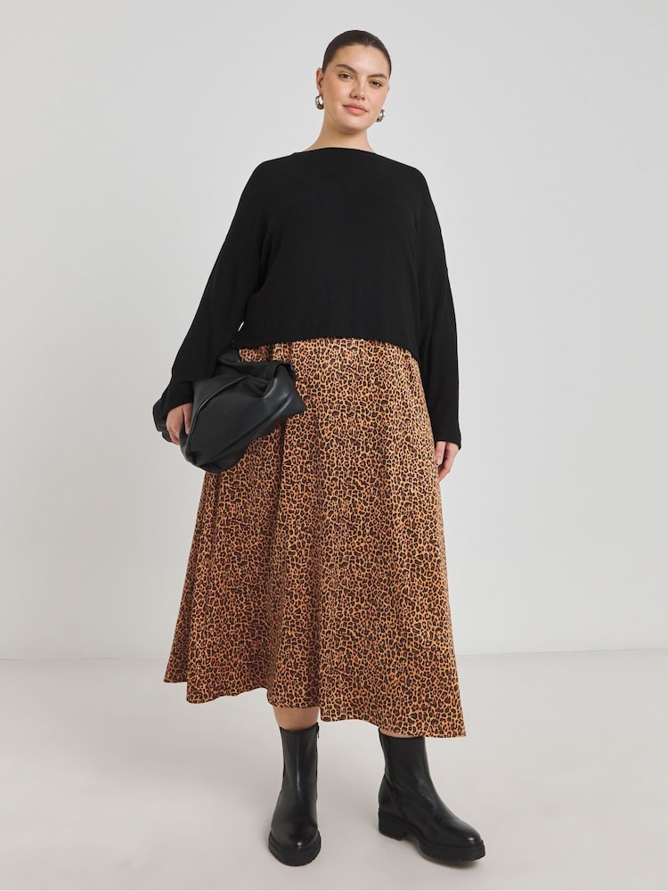 Simply Be Black 2-In-1 Leopard Print Slip Dress With Black Top - Image 1 of 4
