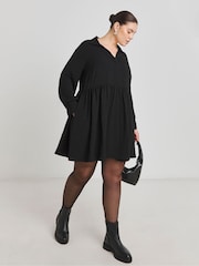 Simply Be Black Herringbone Twill Smock Dress With Pockets - Image 1 of 4