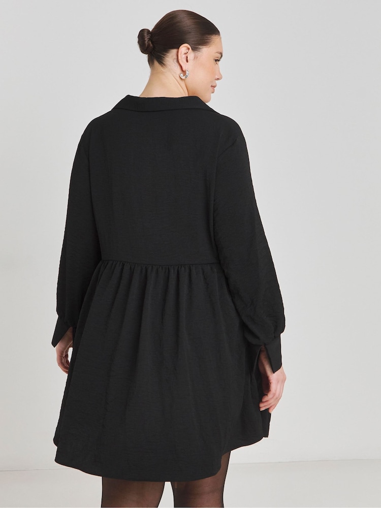 Simply Be Black Herringbone Twill Smock Dress With Pockets - Image 2 of 4
