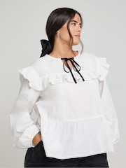 Simply Be White Contrast Bow Collared 100% Cotton Blouse - Image 1 of 4