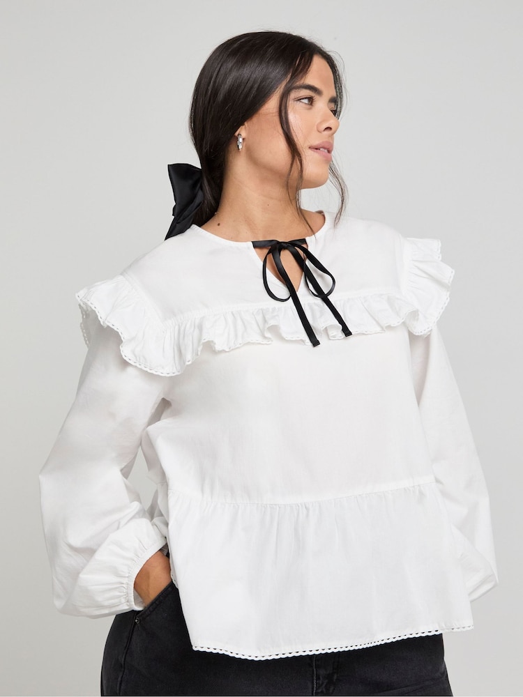 Simply Be White Contrast Bow Collared 100% Cotton Blouse - Image 1 of 4 Simply Be White Contrast Bow Collared 100% Cotton Blouse - Image 1 of 4