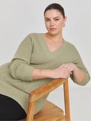 Simply Be Sage Green Boucle V-Neck Longline Knitted Jumper - Image 1 of 4