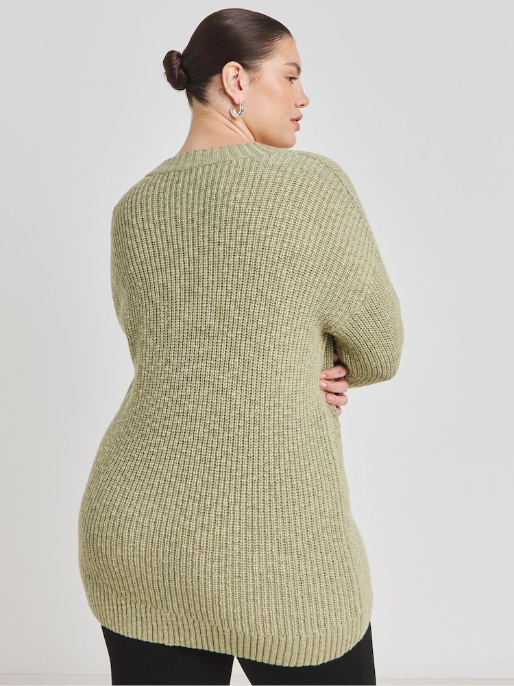 Simply Be Sage Green Boucle V-Neck Longline Knitted Jumper - Image 2 of 4