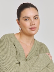 Simply Be Sage Green Boucle V-Neck Longline Knitted Jumper - Image 4 of 4