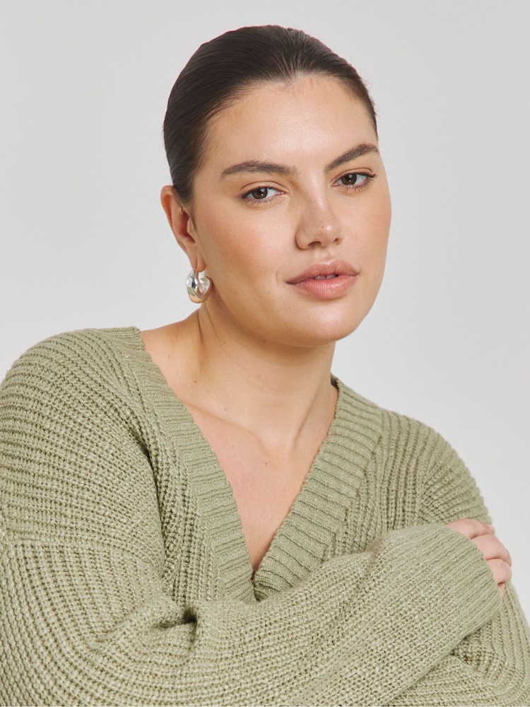 Simply Be Sage Green Boucle V-Neck Longline Knitted Jumper - Image 4 of 4
