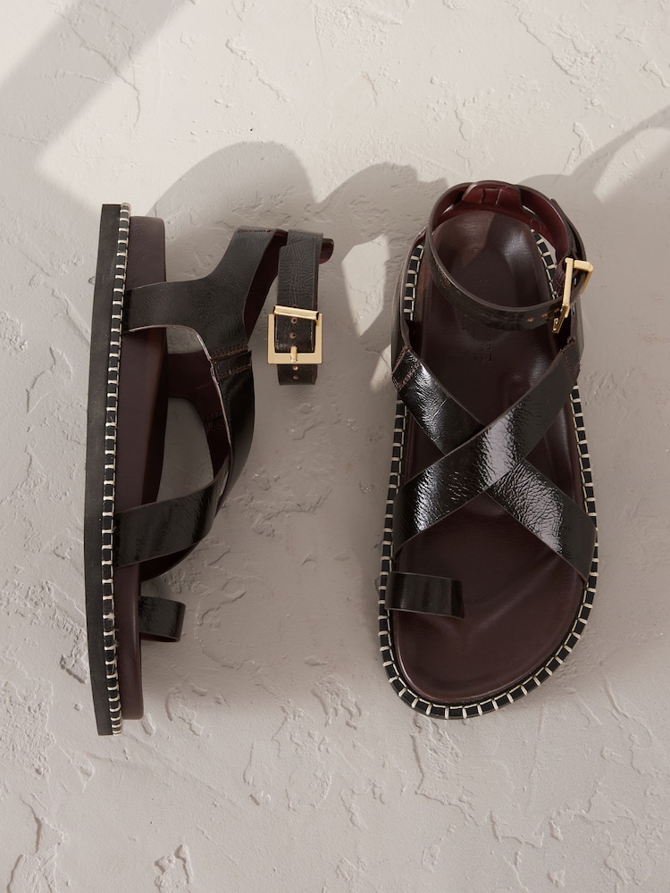 Chocolate Brown Leather Signature Premium Footbed Toe Loop Sandals - Image 1 of 10