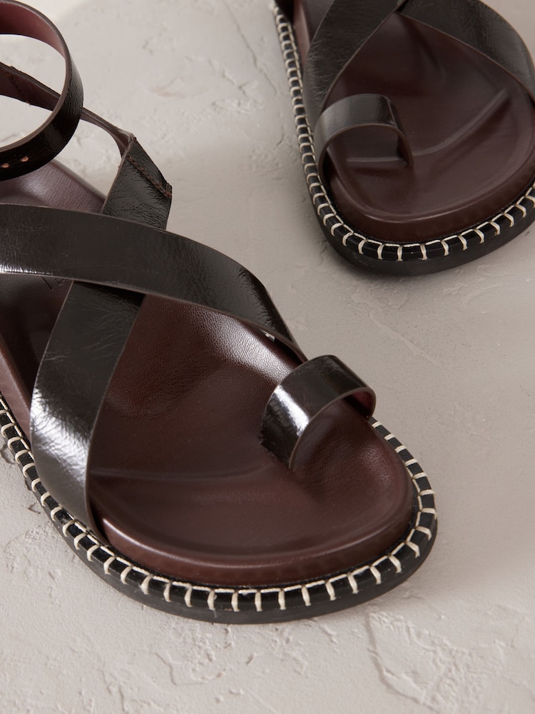 Chocolate Brown Leather Signature Premium Footbed Toe Loop Sandals - Image 10 of 10