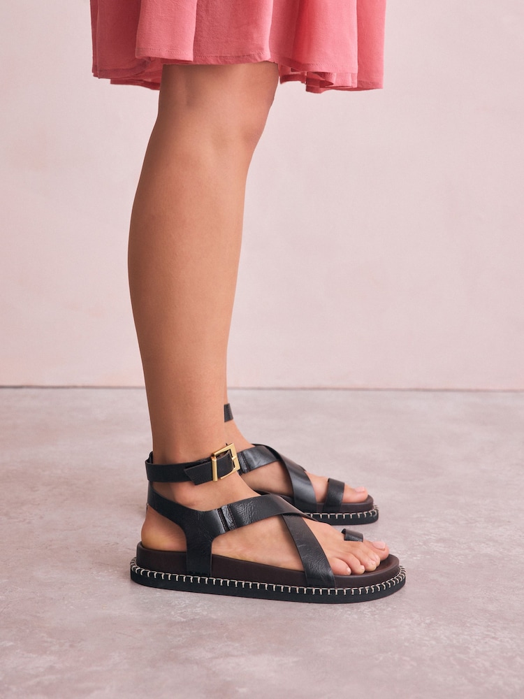 Chocolate Brown Leather Signature Premium Footbed Toe Loop Sandals - Image 2 of 10
