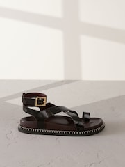 Chocolate Brown Leather Signature Premium Footbed Toe Loop Sandals - Image 6 of 10