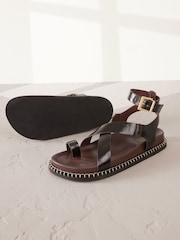 Chocolate Brown Leather Signature Premium Footbed Toe Loop Sandals - Image 8 of 10
