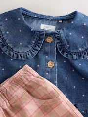 Mid modra Denim - Komplet srajce iz denima in karirastih hlač (3mesecev-7let) - Slika 8 iz 12