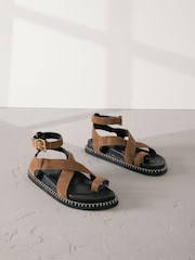 Tan Brown Suede Signature Premium Footbed Toe Loop Sandals - Image 1 of 5