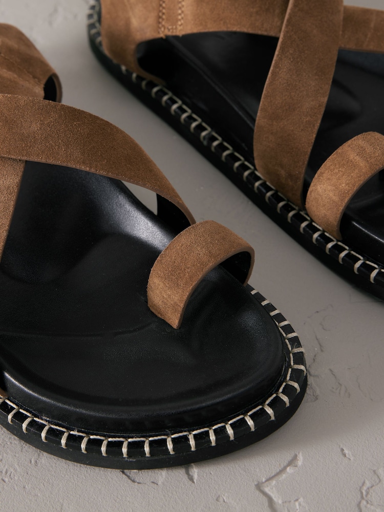 Tan Brown Suede Signature Premium Footbed Toe Loop Sandals - Image 11 of 11
