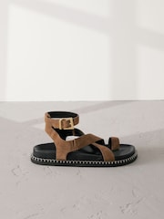 Tan Brown Suede Signature Premium Footbed Toe Loop Sandals - Image 2 of 5