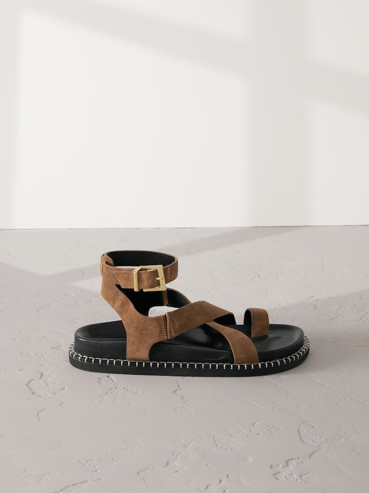 Tan Brown Suede Signature Premium Footbed Toe Loop Sandals - Image 2 of 5