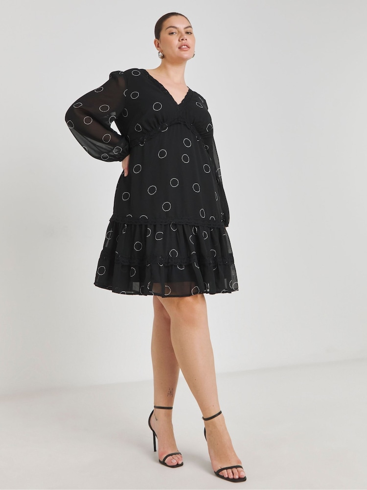 Simply Be Black Lace Trim Georgette Skater Dress - Image 1 of 5