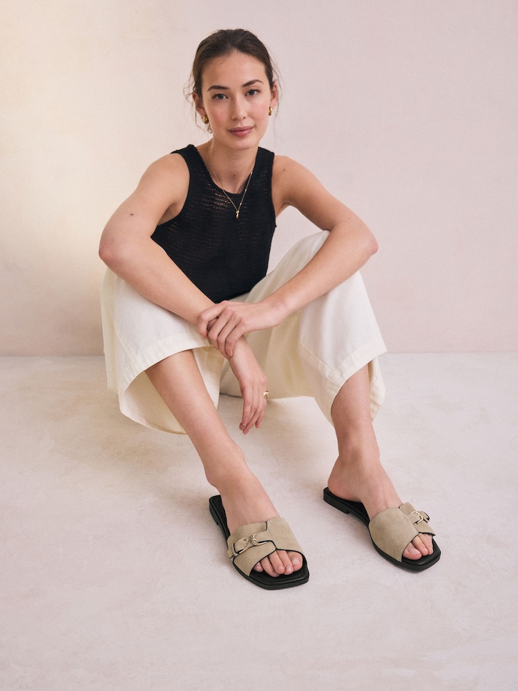 Neutral Suede Signature Double Buckle Mule Sandals - Image 2 of 10