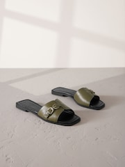 Khaki Green Leather Signature Double Buckle Mule Sandals - Image 1 of 5