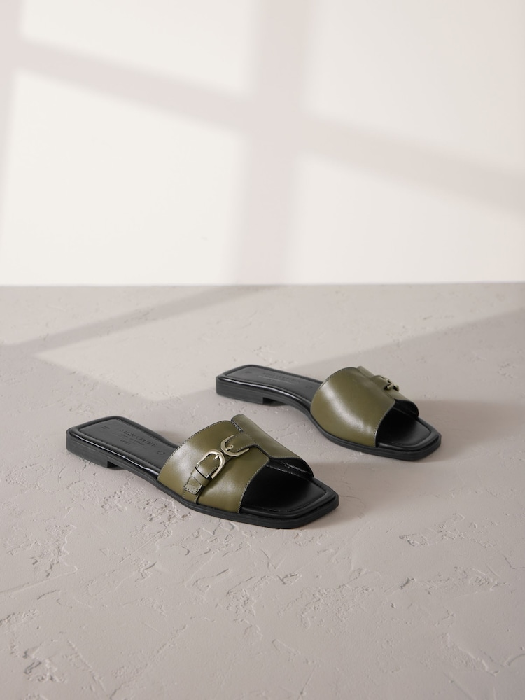Khaki Green Leather Signature Double Buckle Mule Sandals - Image 1 of 5