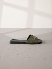 Khaki Green Leather Signature Double Buckle Mule Sandals - Image 2 of 5