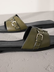 Khaki Green Leather Signature Double Buckle Mule Sandals - Image 3 of 5