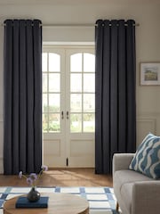 Blue Textured Embossed Faux Suede Lined Eyelet Curtains - Image 1 of 5