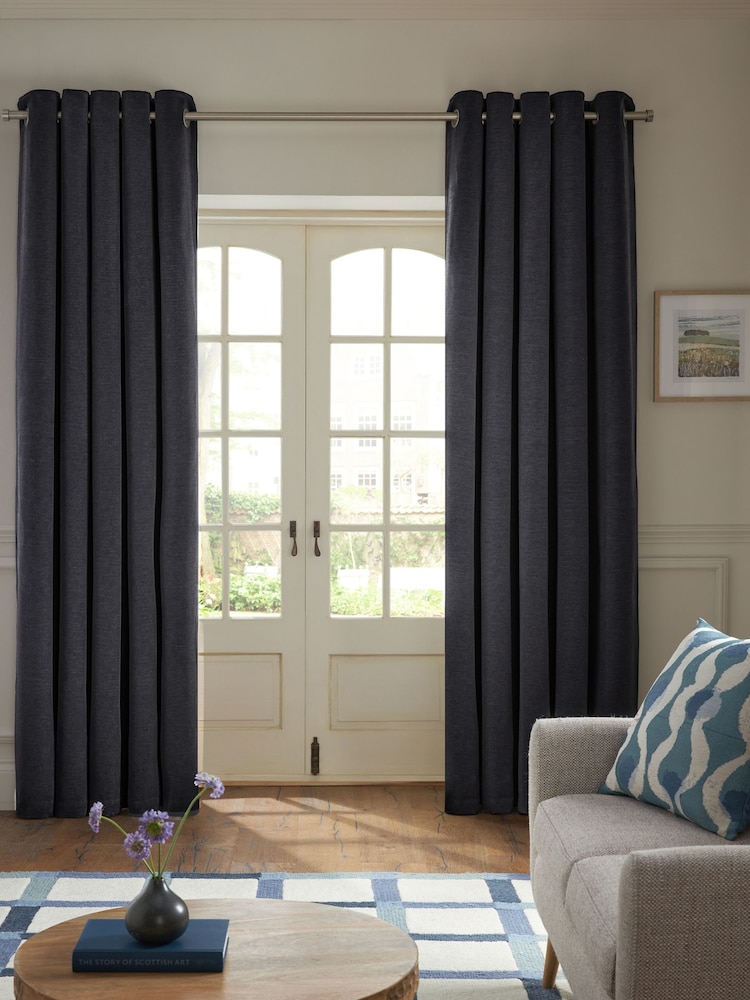 Blue Textured Embossed Faux Suede Lined Eyelet Curtains - Image 1 of 5