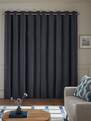 Blue Textured Embossed Faux Suede Lined Eyelet Curtains - Image 2 of 5