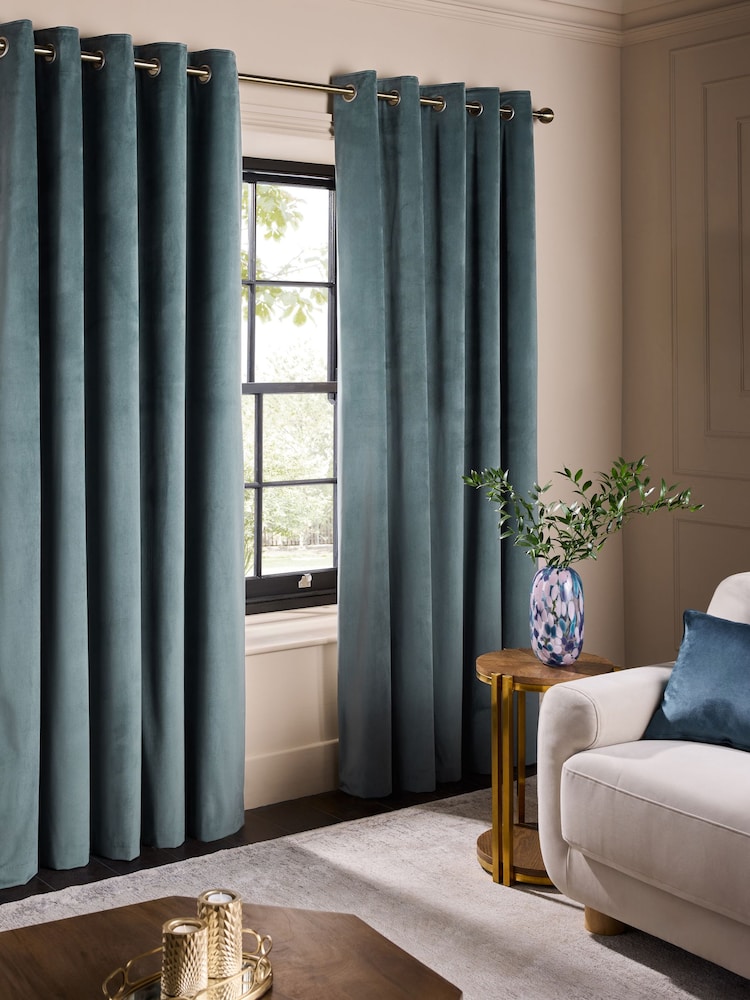Blue Teal Matte Velvet Blackout/Thermal Curtains - Image 1 of 5