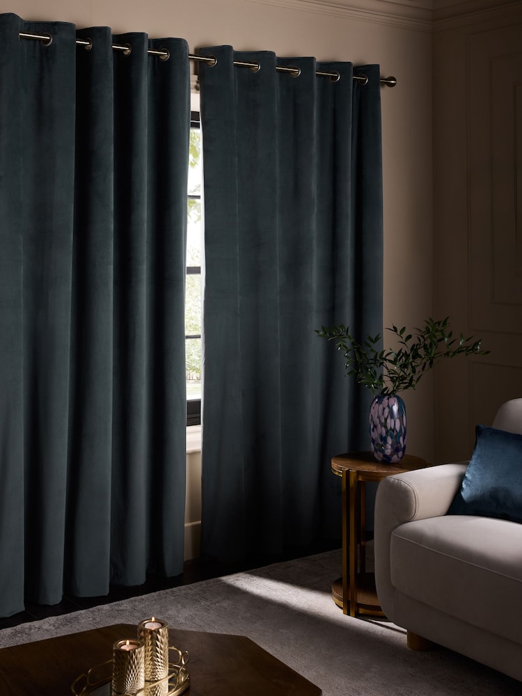 Blue Teal Matte Velvet Blackout/Thermal Curtains - Image 2 of 5