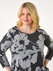 Roman Grey Curve Floral Print Pocket Tunic Top - Image 1 of 5