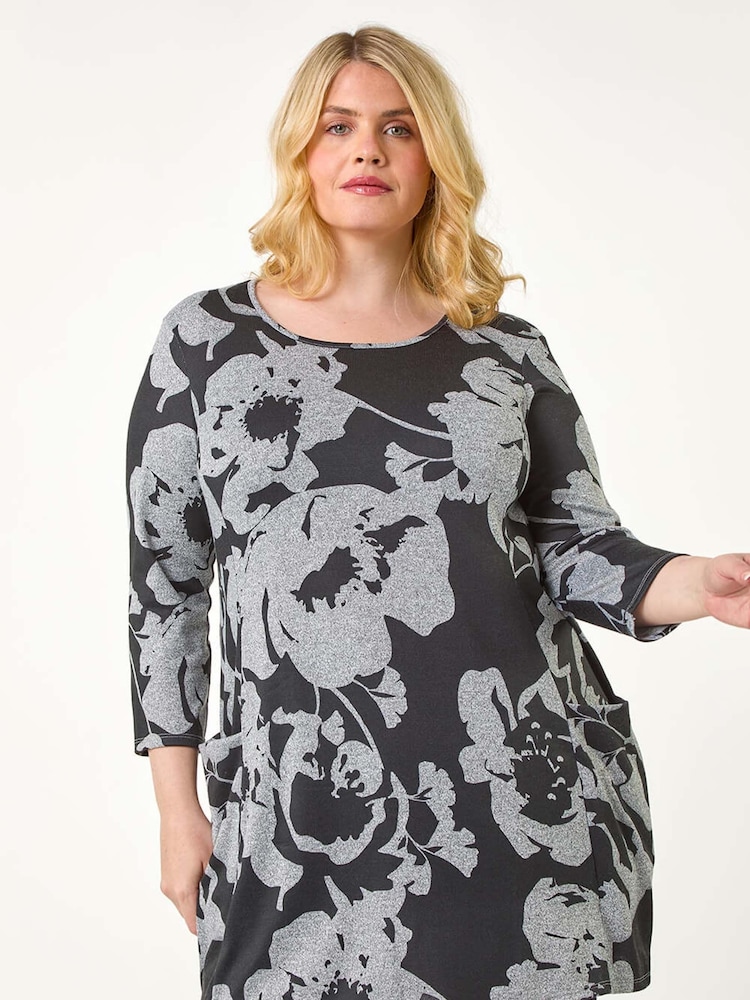 Roman Grey Curve Floral Print Pocket Tunic Top - Image 2 of 5